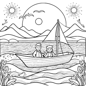 Möwen und ein Boot auf dem weiten Meer Ausmalbild fuer kleine Entdecker