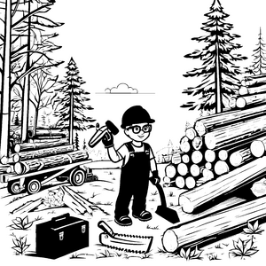 Der Holzfäller mit der Kettensäge unter großen Baumstämmen malend