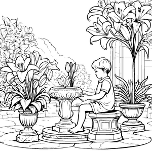 Ein Junge im Garten mit vielen schönen Lilien – Ausmalbild fuer kleine Entdecker
