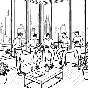 Büro-Männer in Hemden vor der Großstadt-Skyline zum Ausdrucken