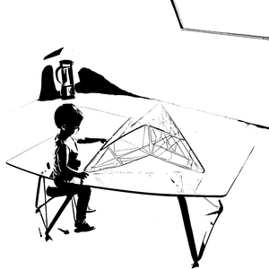 Malspaß am futuristischen Tisch mit geometrischen Modellen