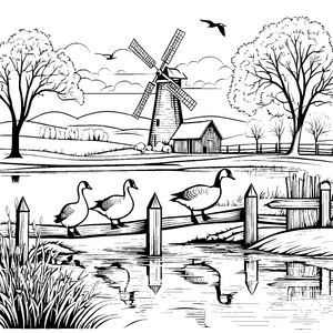 Gänse am Zaun bei der Windmühle im idyllischen Hof