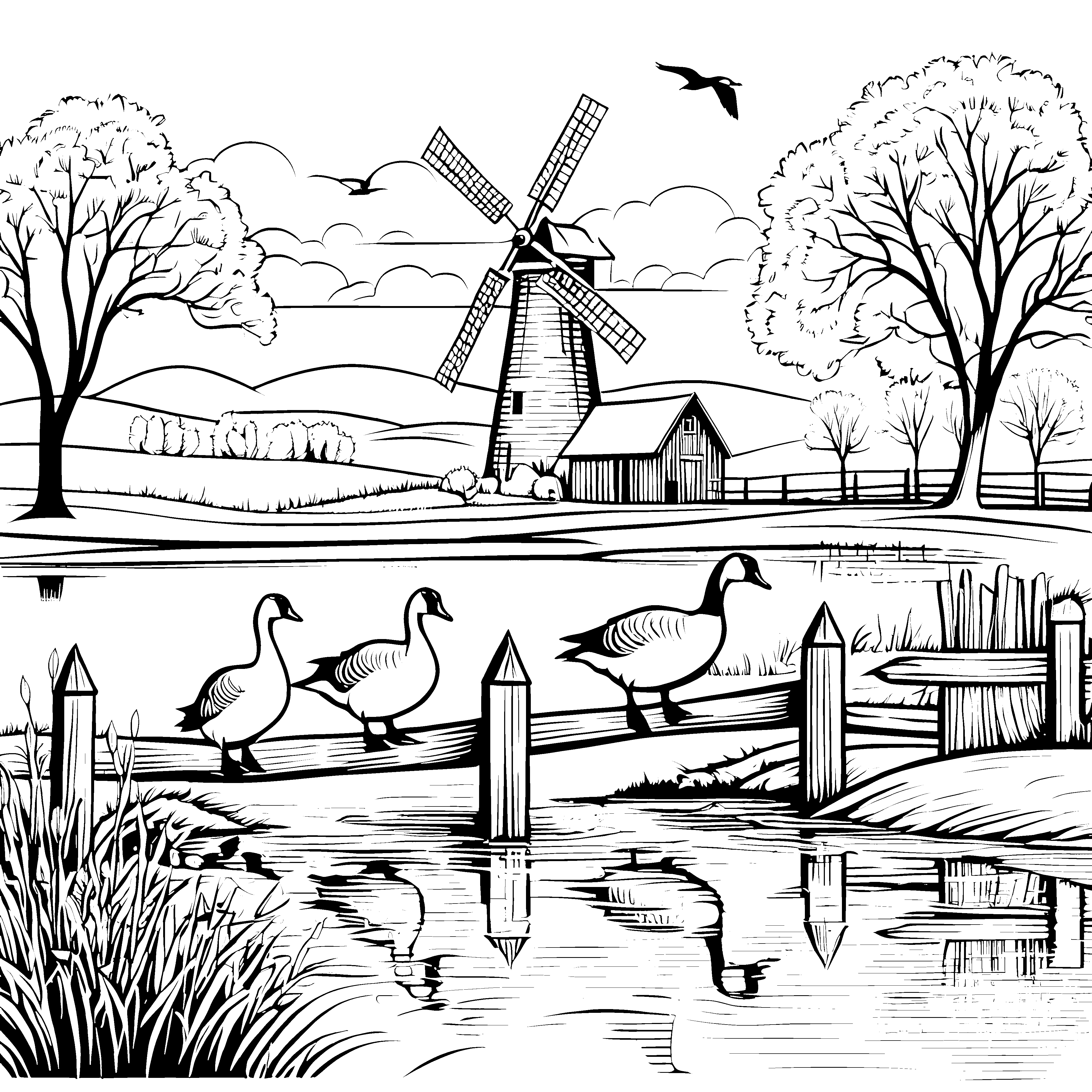 Gänse am Zaun bei der Windmühle im idyllischen Hof