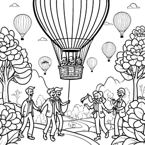 Zombies im Heißluftballon im Park Ausmalbild fuer kleine Entdecker