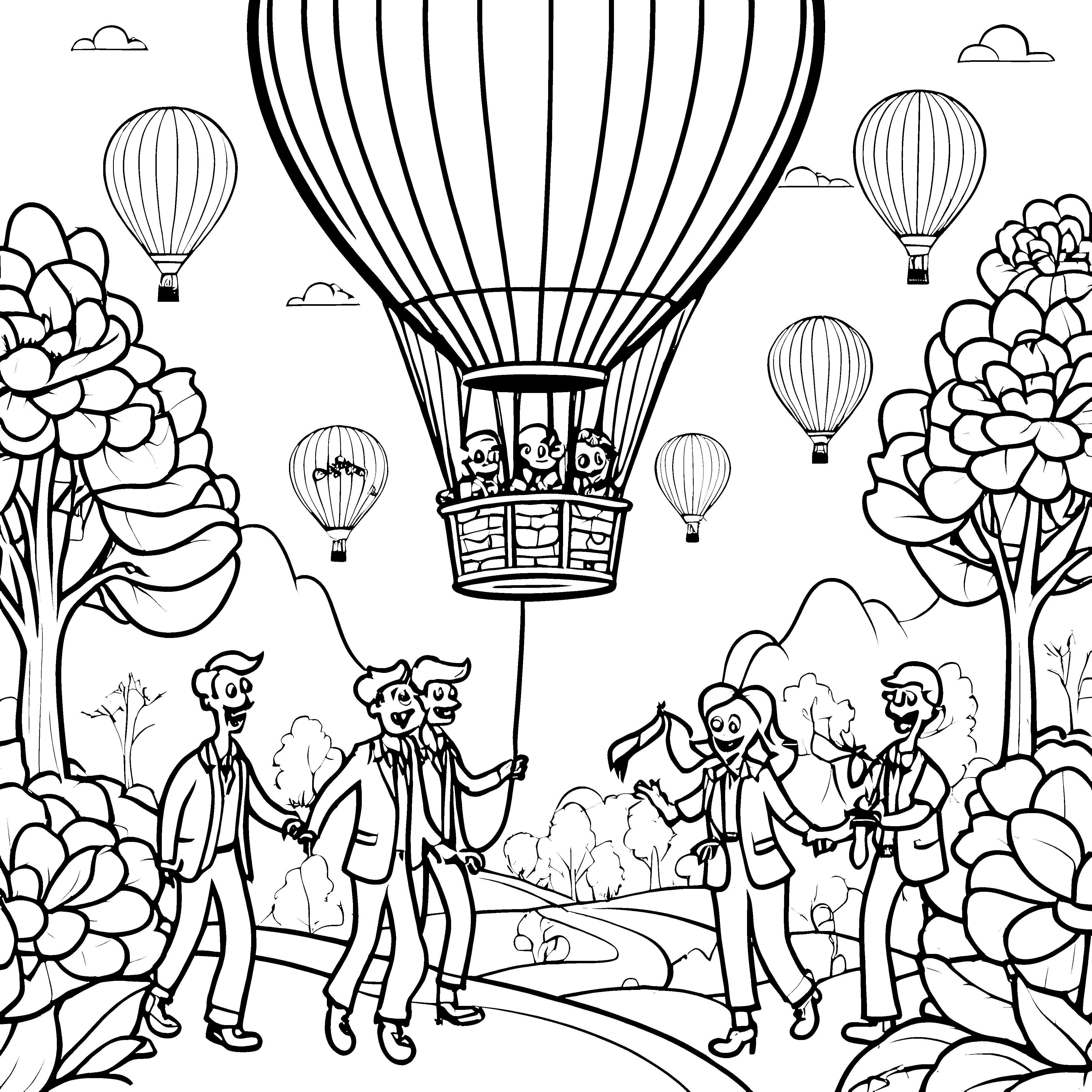 Zombies im Heißluftballon im Park Ausmalbild fuer kleine Entdecker
