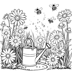 Bienen im Blumenfeld mit Gießkanne Ausmalbild fuer kleine Entdecker