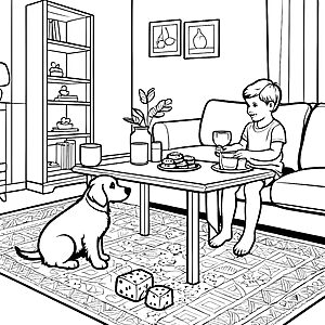 Der Junge mit seinem Hund am gemütlichen Couchtisch - Ausmalbild fuer kleine Tierfreunde