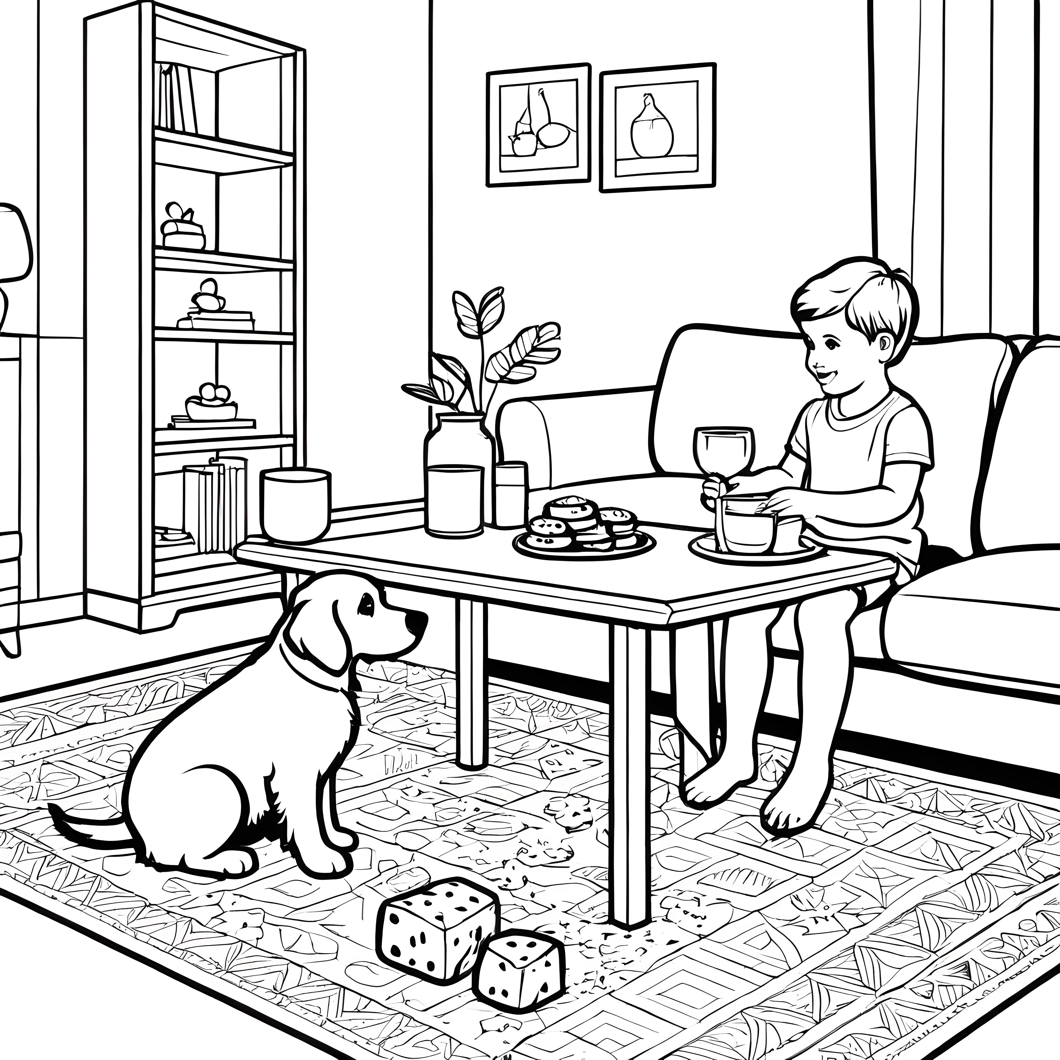 Der Junge mit seinem Hund am gemütlichen Couchtisch - Ausmalbild fuer kleine Tierfreunde