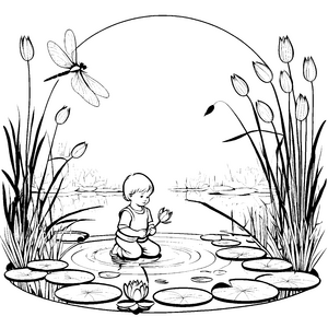 Lotusblüten im Teich: Ein Ausmalspiel mit Libelle und Kind