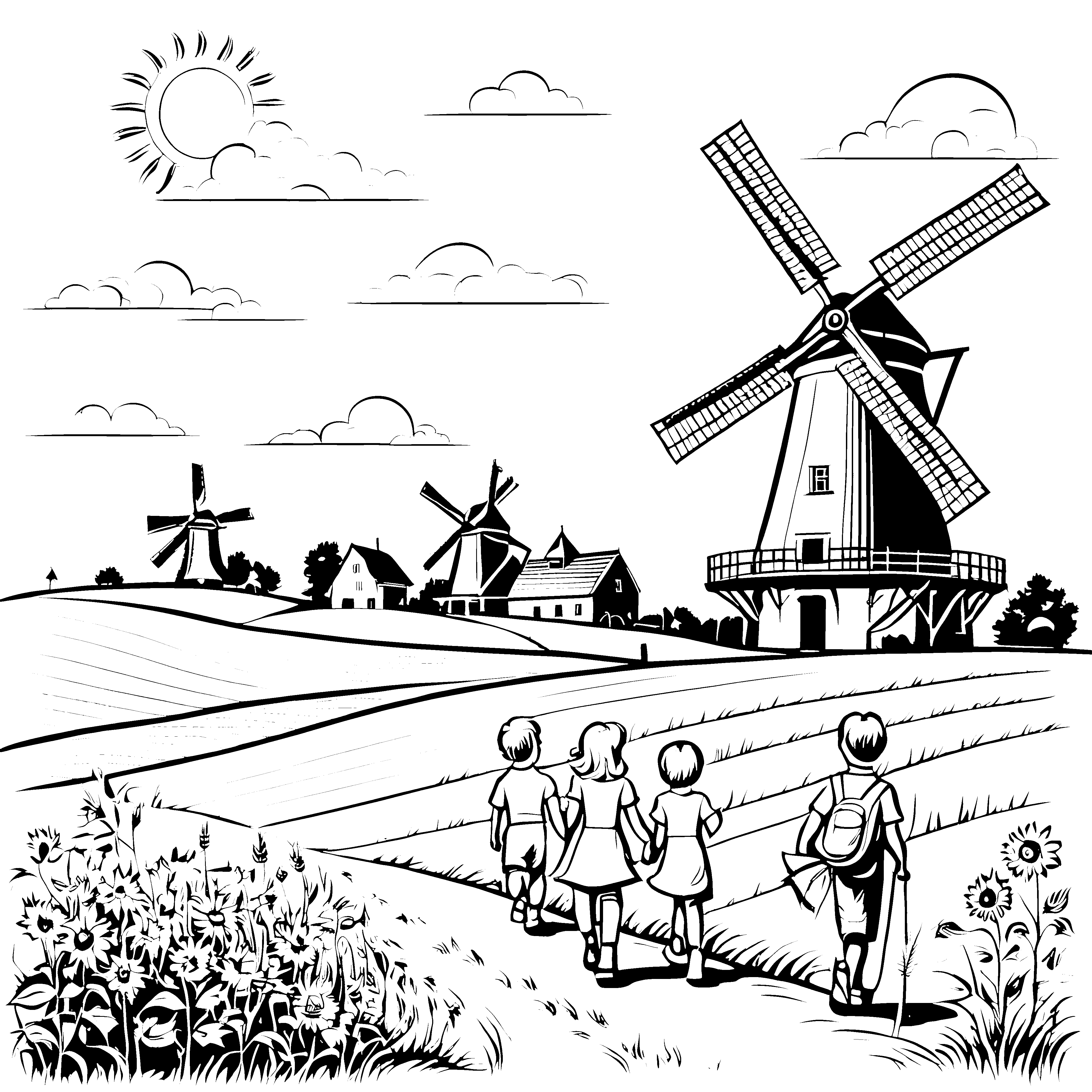 Kinder bei Windmühlen in der ländlichen Landschaft malen