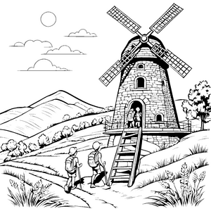 Die Kinder bei der Windmühle auf sanften Hügeln malen