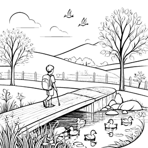 Der Junge bei den Zäunen am Teich mit Enten zum Ausmalen