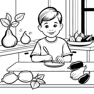 Der kleine Junge schneidet eine Aubergine in der Küche – Ausmalbild fuer kleine Entdecker
