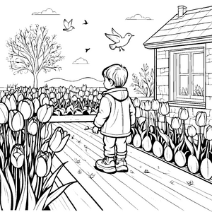 Das kleine Kind bei den bunten Tulpen vor dem Haus zum Ausmalen