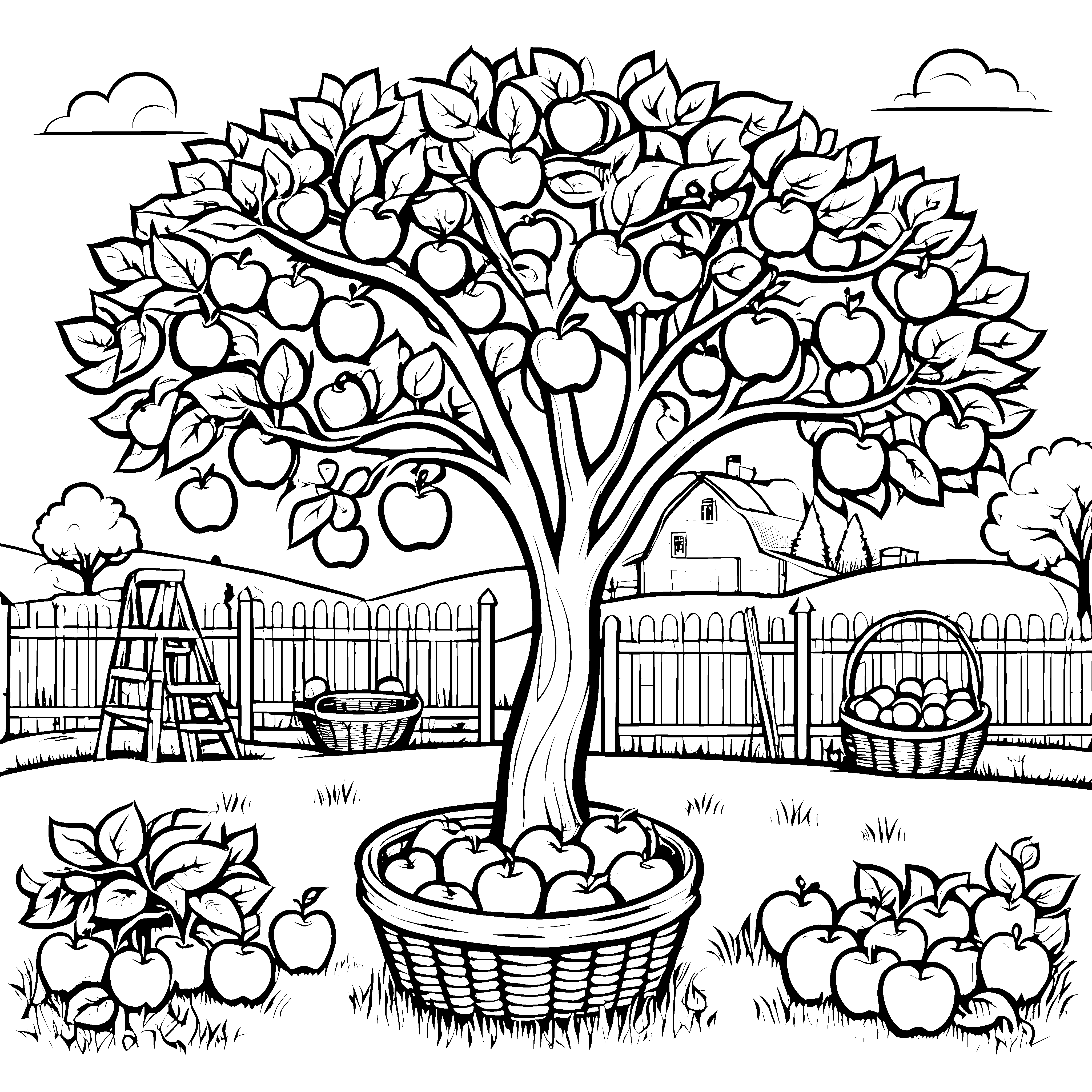 Der große Apfelbaum im Garten mit Körben und Leiter - Ausmalbild fuer kleine Entdecker