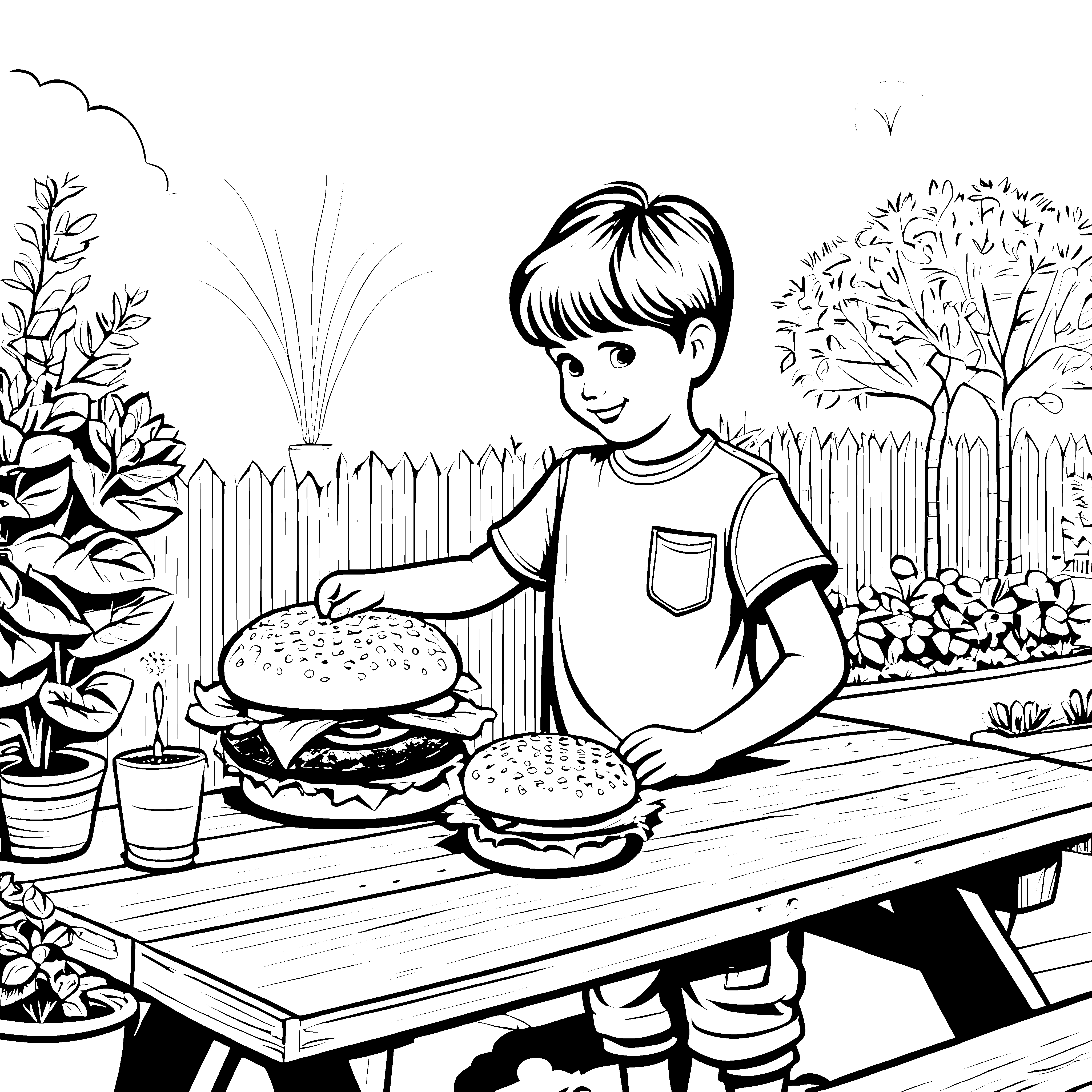 Der Junge malt seinen leckeren Hamburger am Picknicktisch