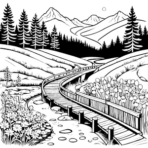 Das malerische Tal mit Holzbrücke zum Ausmalen für Kinder