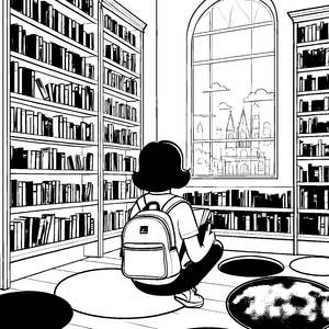 Lesestunde in der großen Bibliothek mit Blick auf die Kathedrale Ausmalbild fuer kleine Entdecker