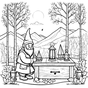 Der Gnome am Tisch mit Laternen vor bewaldeten Hügeln zum Ausmalen