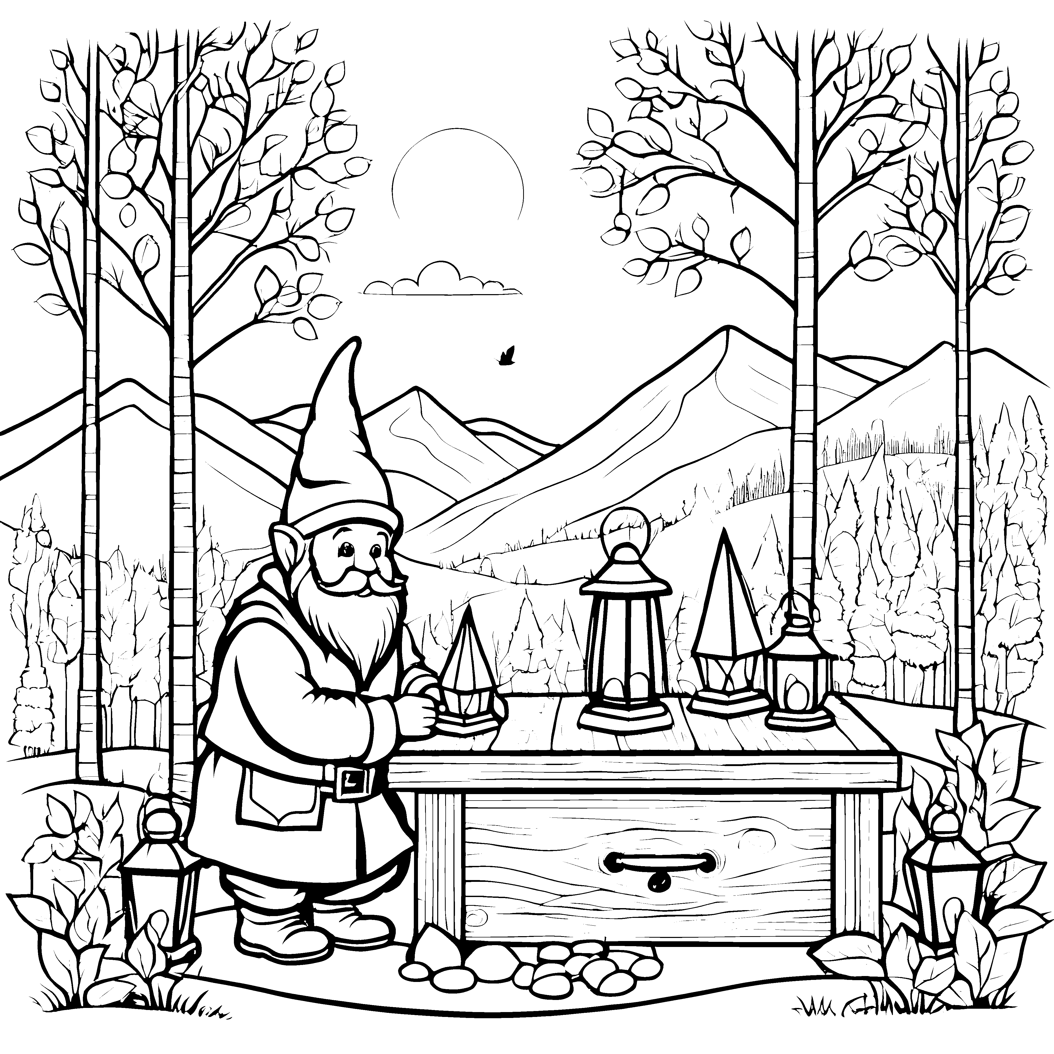 Der Gnome am Tisch mit Laternen vor bewaldeten Hügeln zum Ausmalen