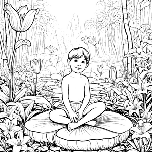 Der kleine Junge auf der großen Lilie im Teich – Ausmalbild fuer kleine Entdecker