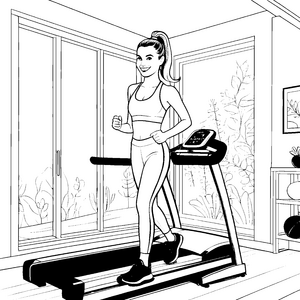 Sportlich fit auf dem Laufband im hellen Fitnessraum – Ausmalbild fuer kleine Tierfreunde