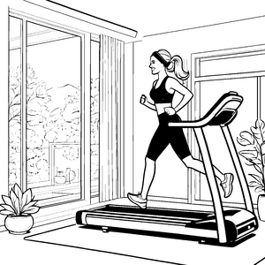 Sportlich fit auf dem Laufband im hellen Zimmer – Ausmalbild fuer kleine Entdecker