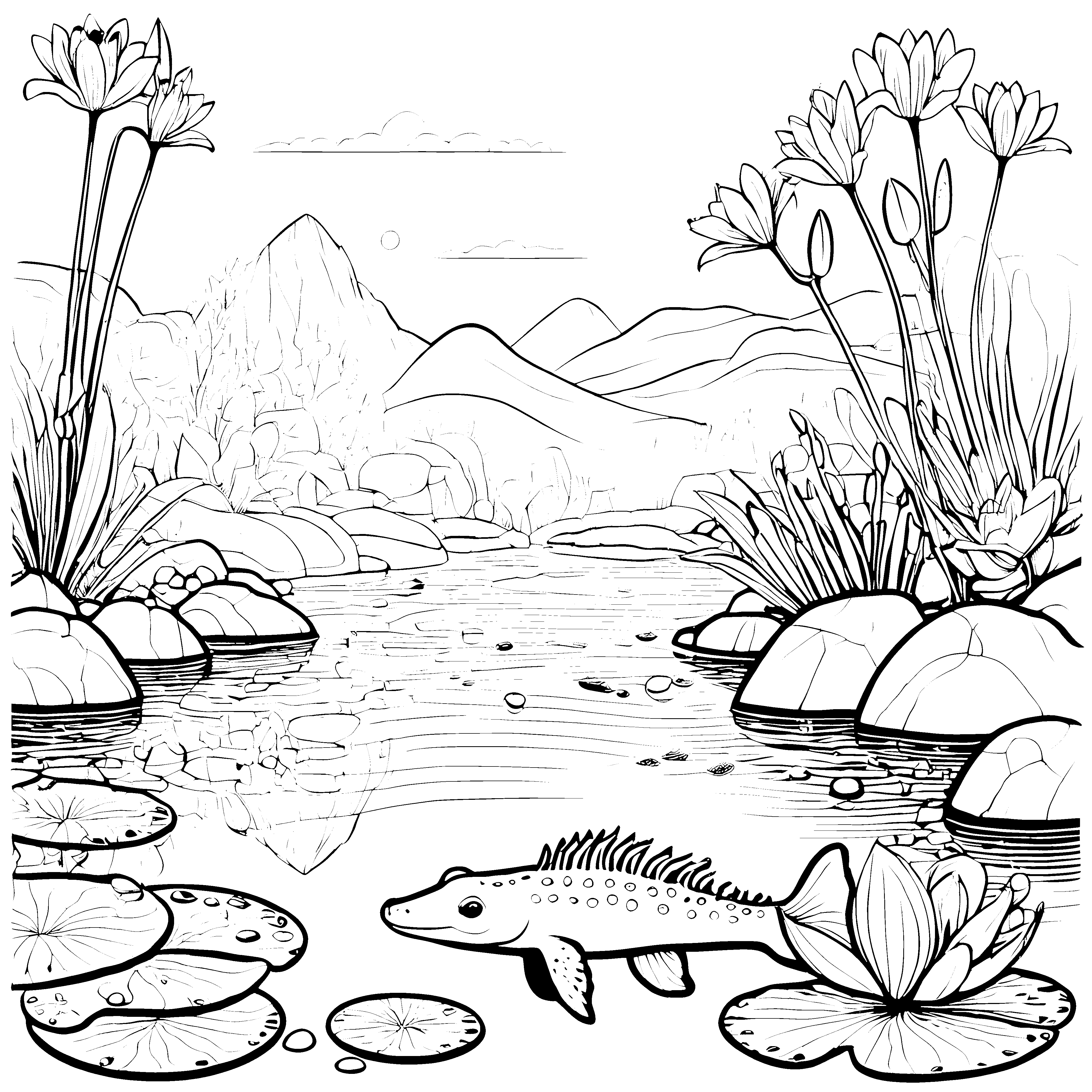 Axolotl im Teich: Ein Malspaß mit Seerosenblättern und Bergen