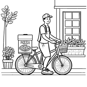 Der freundliche Pizzabote auf dem Fahrrad vor dem Haus