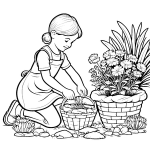 Das kleine Mädchen und die bunten Blumenkübel zum Ausmalen
