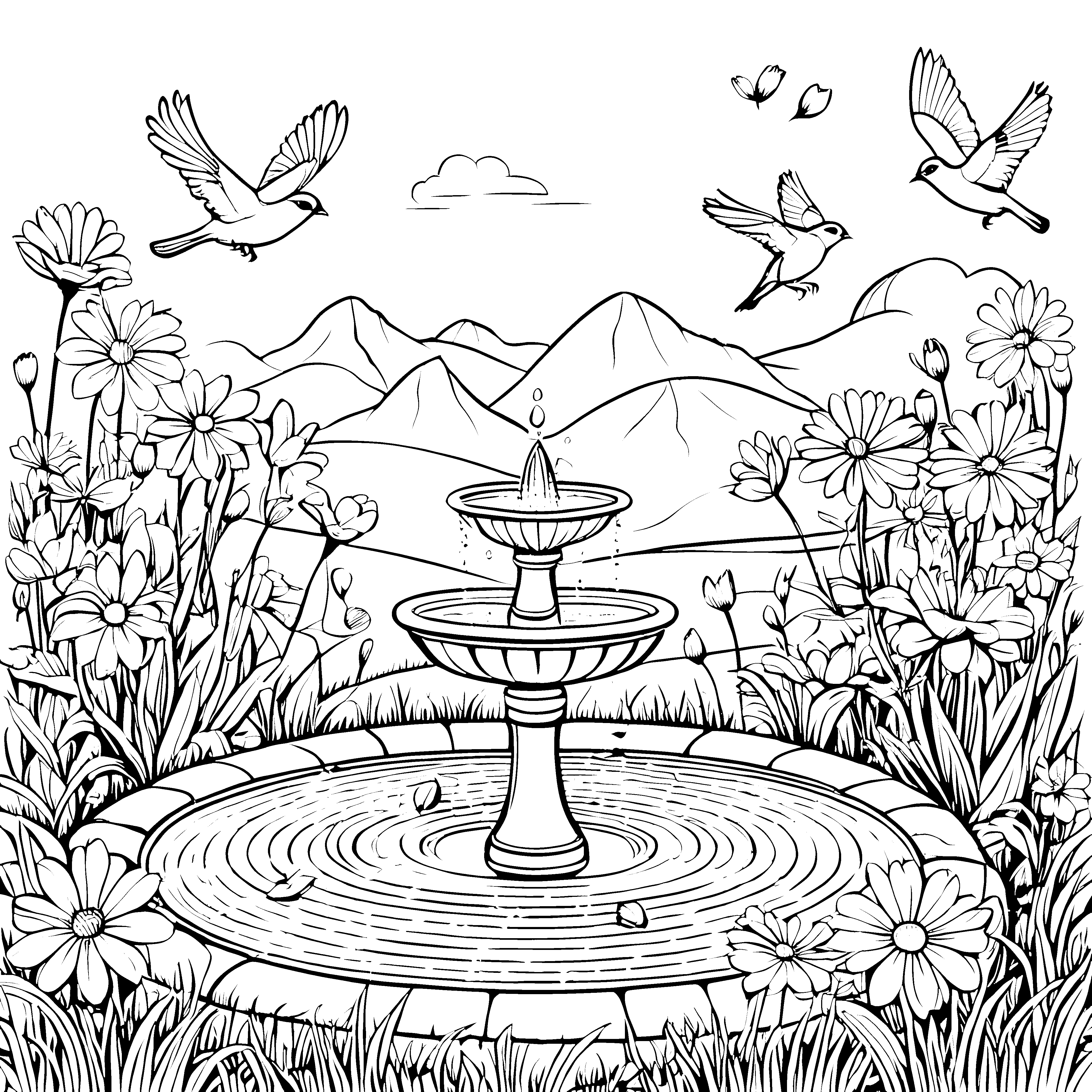 Vögel am Brunnen zwischen Blüten und Bergen zum Ausmalen
