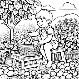Der kleine Junge erntet Kartoffeln im Garten – Ausmalbild fuer kleine Entdecker