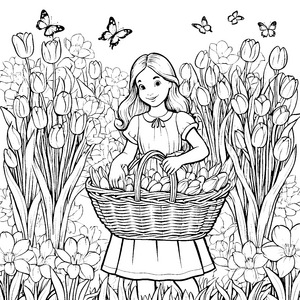 Mädchen mit Blumenkorb im Garten voller Frühlingsblumen Ausmalbild fuer kleine Entdecker
