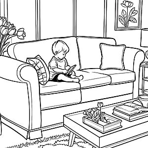 Das gemütliche Wohnzimmer mit dem schönen Couchtisch Ausmalbild fuer kleine Entdecker