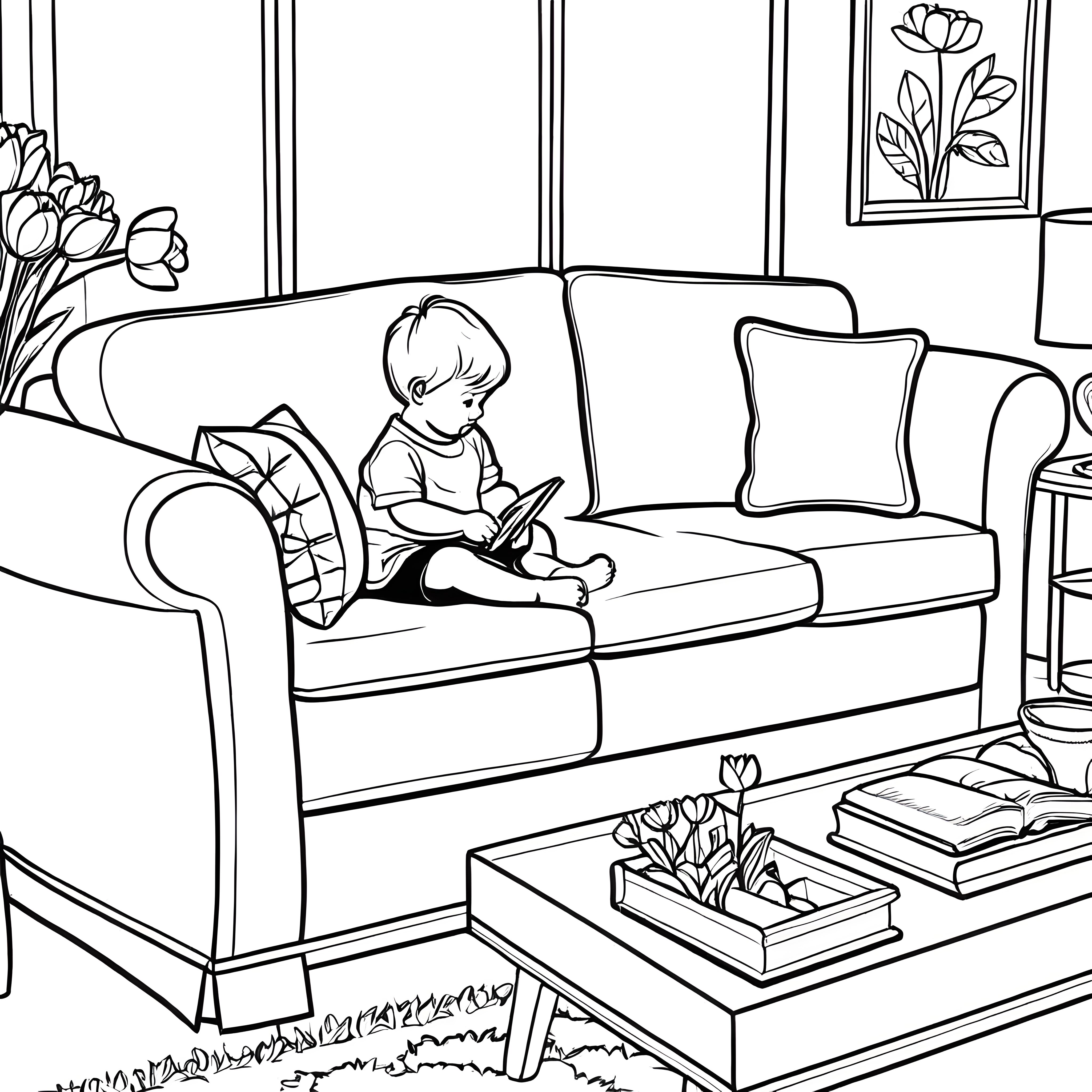 Das gemütliche Wohnzimmer mit dem schönen Couchtisch Ausmalbild fuer kleine Entdecker
