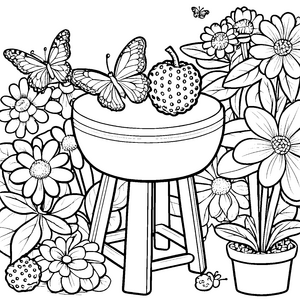 Litschi mit Schmetterlingen und bunten Blumen auf dem Tisch Ausmalbild fuer kleine Entdecker