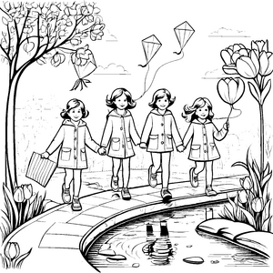 Mädchen am Steg mit Luftballons bei einem Spaziergang im Frühling