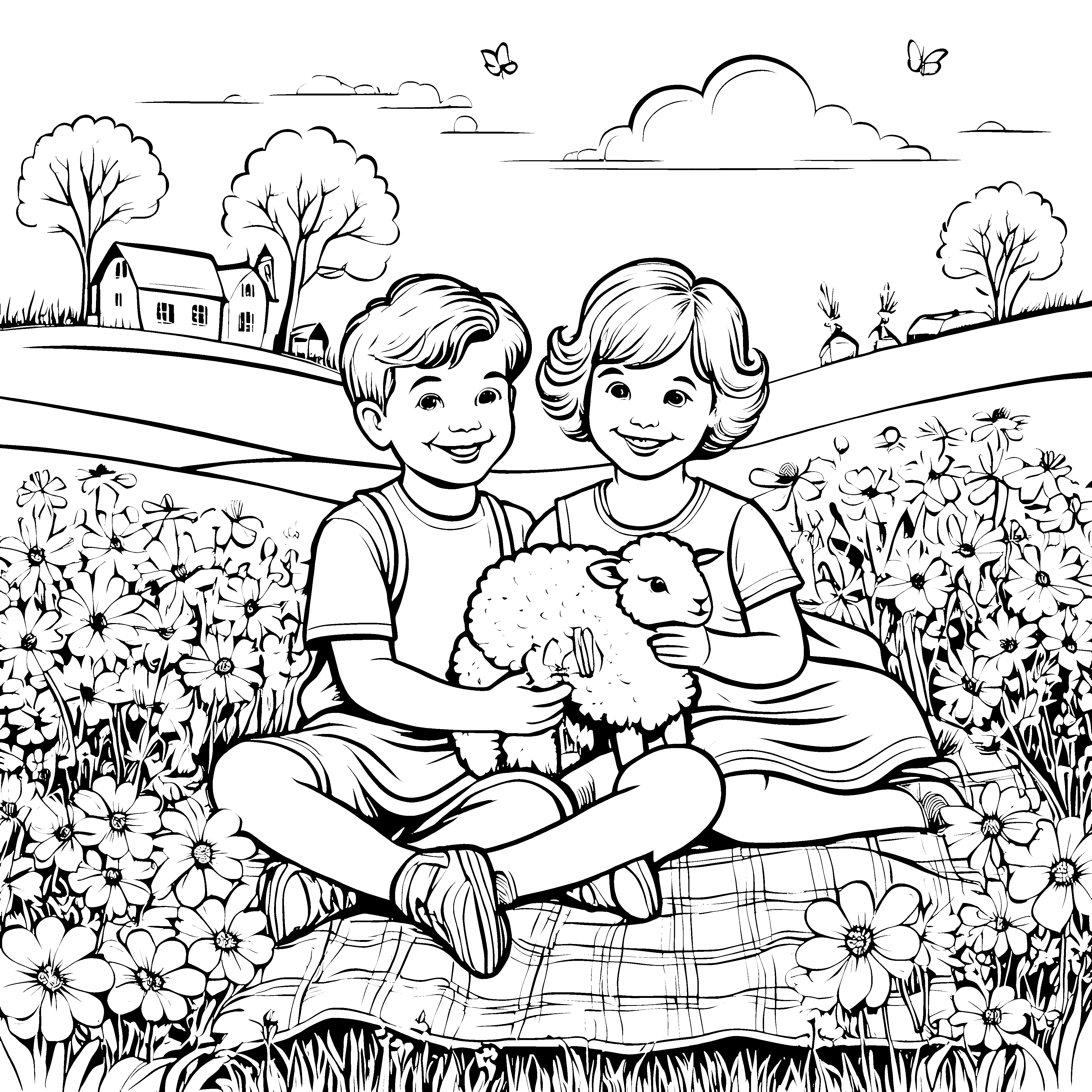 Kinder im Blumenfeld mit einem kleinen Lamm