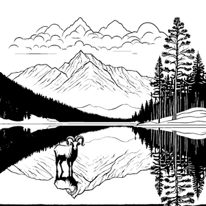 Der Hammel am See vor Bergpanorama zum Ausmalen