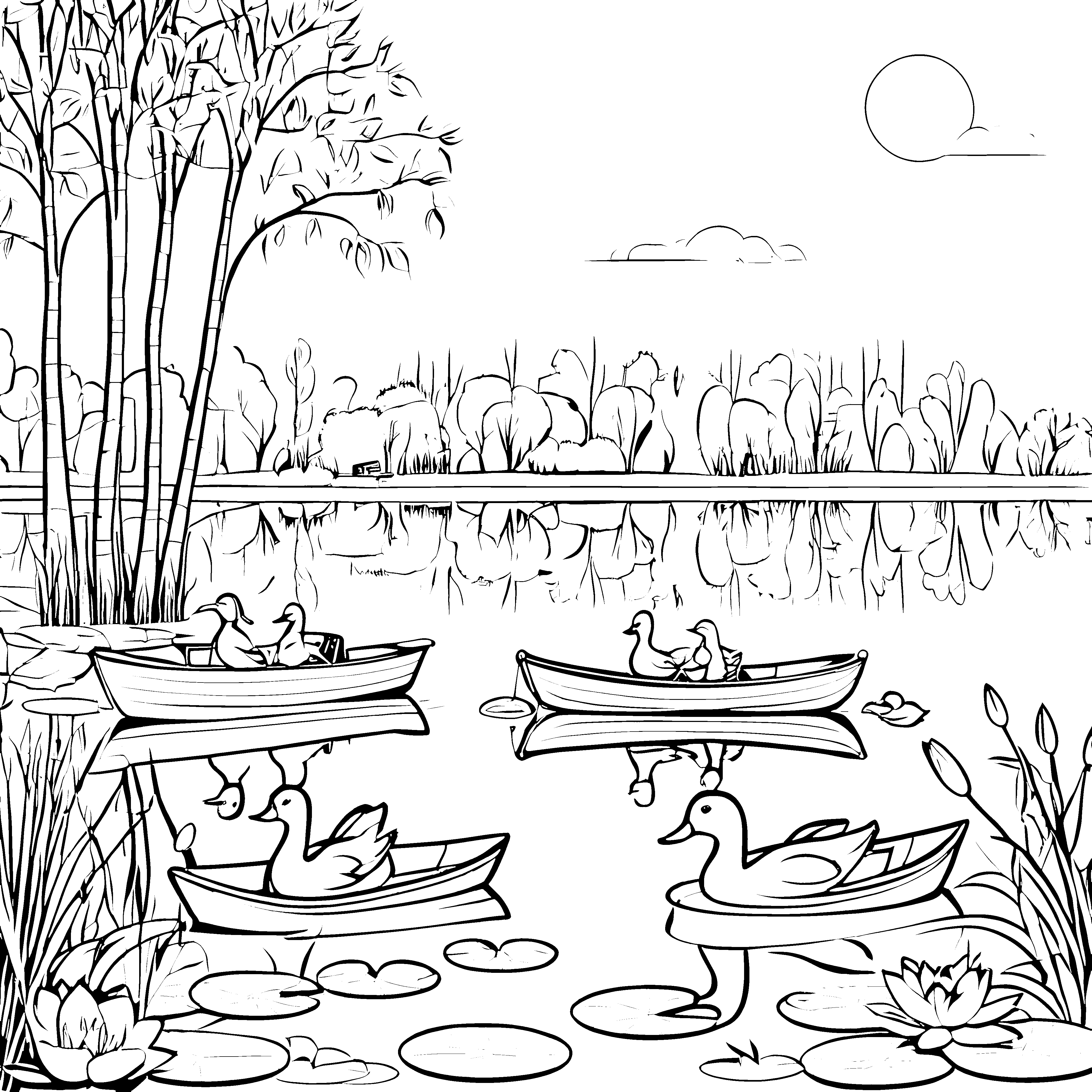 Tretboote auf dem Teich mit Enten und Schilfmalerei