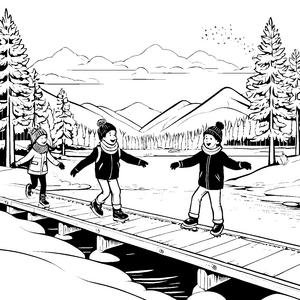Kinder beim Schlittschuhlaufen über den Holzsteg im Winterwald
