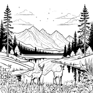 Rehe im malerischen Tal mit Bergsee zum Ausmalen