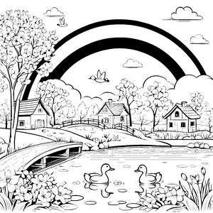 Regenbogen über Häusern mit schwimmenden Enten zum Ausmalen
