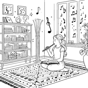 Das Mädchen spielt Querflöte im Musikzimmer – Ausmalbild fuer kleine Entdecker