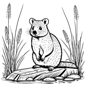 Der Quokka auf dem Holzstumpf im hohen Gras zum Ausmalen
