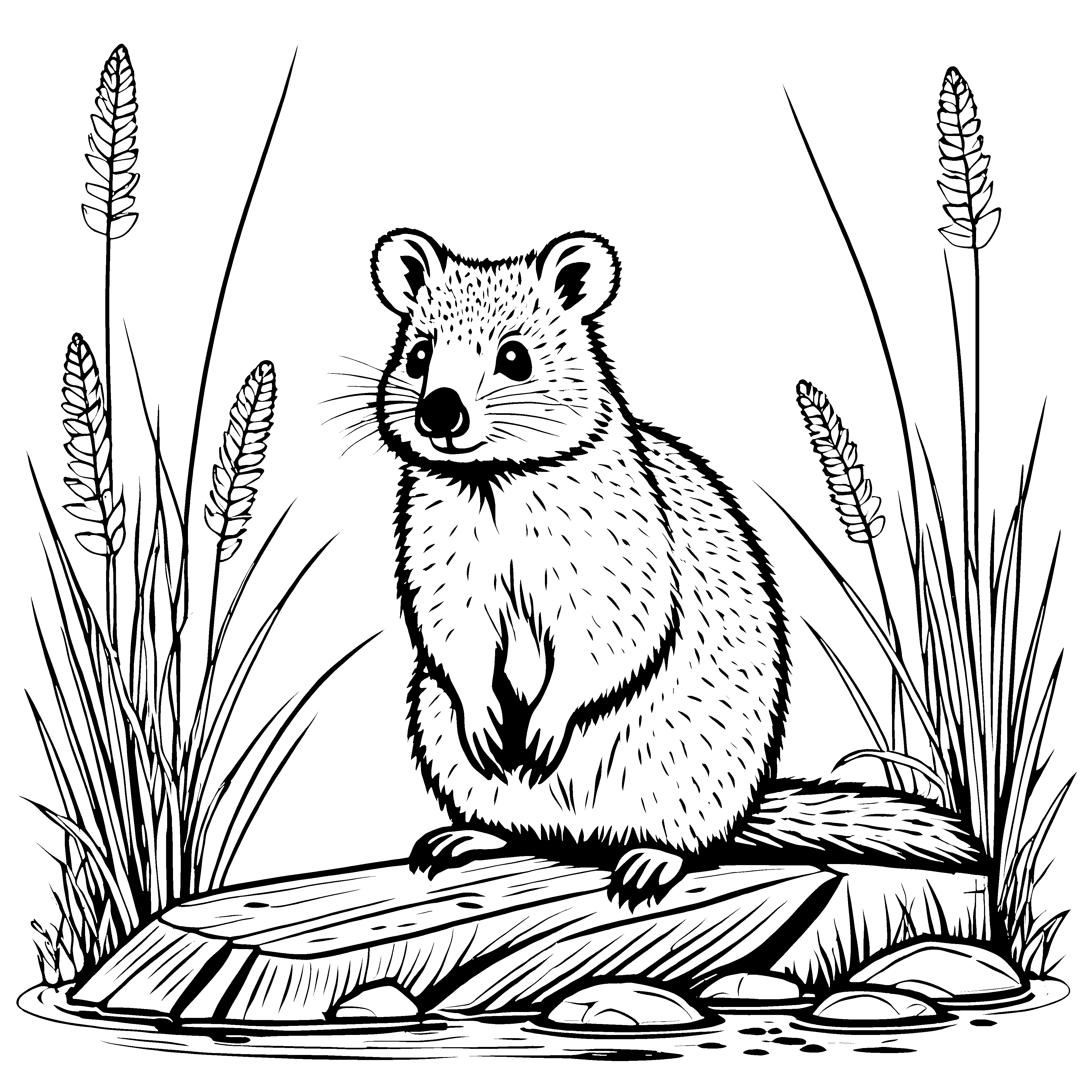 Der Quokka auf dem Holzstumpf im hohen Gras zum Ausmalen