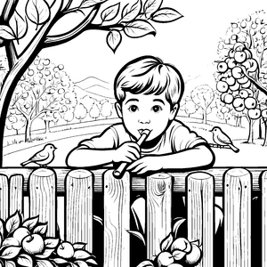 Der Junge spielt Querflöte im Obstgarten – Ausmalbild fuer kleine Entdecker