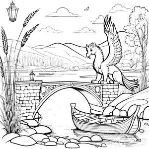 Der Greif auf der Brücke über den Fluss zum Ausmalspiel