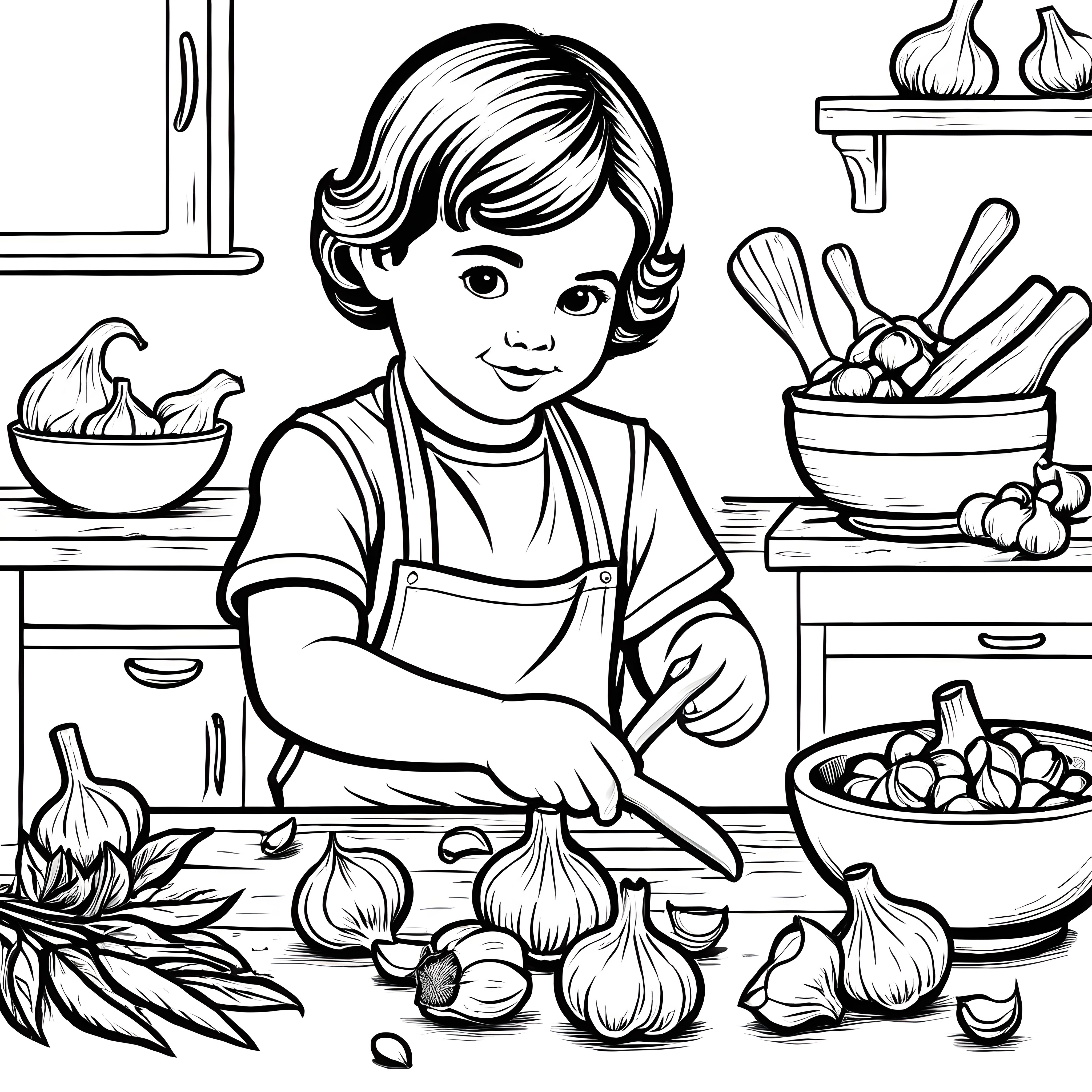Kleiner Koch bereitet Knoblauch in der Küche vor - Ausmalbild fuer kleine Entdecker