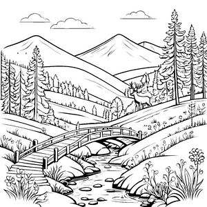 Idyllisches Tal mit Holzbrücke und Reh zum Ausmalen